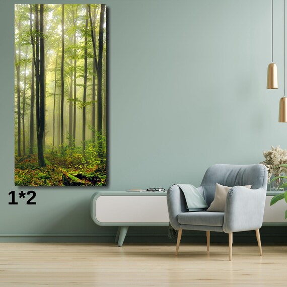 Long Canvas Foggy Forest Wall Art, Misty Pine Tree Panoramic Print, Vertical Woodland Nature Decor, Minimalist Green Forest Landscape Art