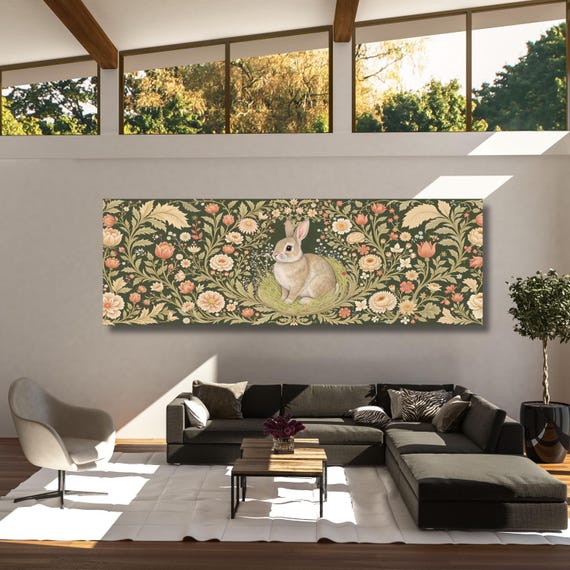 Whimsical Rabbit Canvas in William Morris Style Vintage Floral Animal Wall Art Classic Nature Print for Cottagecore or Nursery Decor Prints