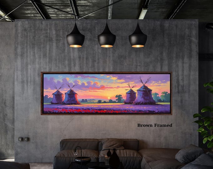 Panoramic Impressionist Haystacks Sunset Canvas Wall Art – Colorful Rural Landscape Oil Painting