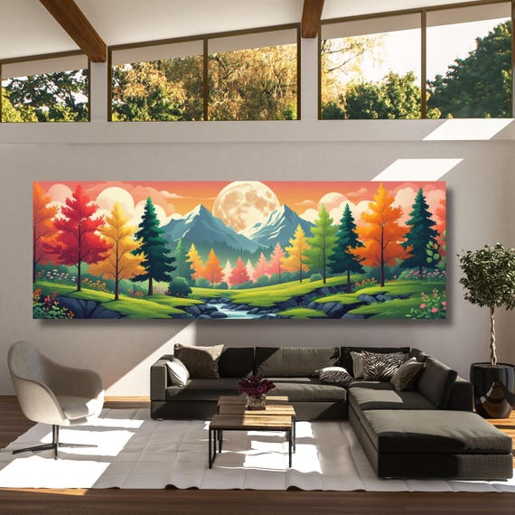 Full Moon Wildflower Canvas, Flower Garden Flower Market canvas, Moonlit Pine Tree Forest wall Art, Rustic Mountain Art, Woodland Klimt Gift