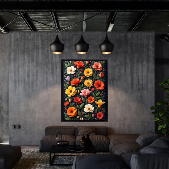 Botanical Colorful Wildflower Field Canvas Wall Art, Vintage Dark Green Wildflowers Print, Wildflower Wall Art,Modern Farmhouse Canvas decor