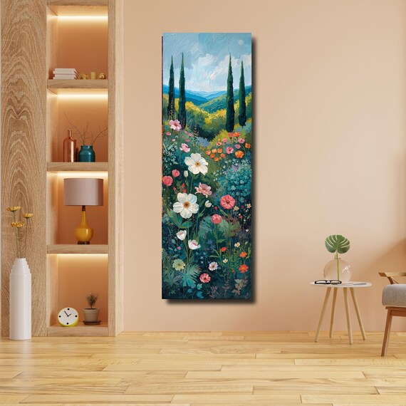 Klimt Style Wildflower Garden Tall Narrow Canvas, Botanical Nature Wall Art, Rustic Floral Vertical Print for Hallway or Bedroom art gift