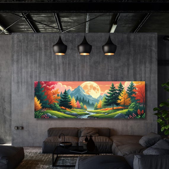 Full Moon Wildflower Canvas, Flower Garden Flower Market canvas, Moonlit Pine Tree Forest wall Art, Rustic Mountain Art, Woodland Klimt Gift