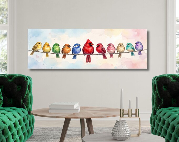 Modern Living Room Wall Art, Brown Framed Bird Print, Vibrant Watercolor Animals, Extra Wide Bedroom Decor, Colorful Nursery Wall Print art