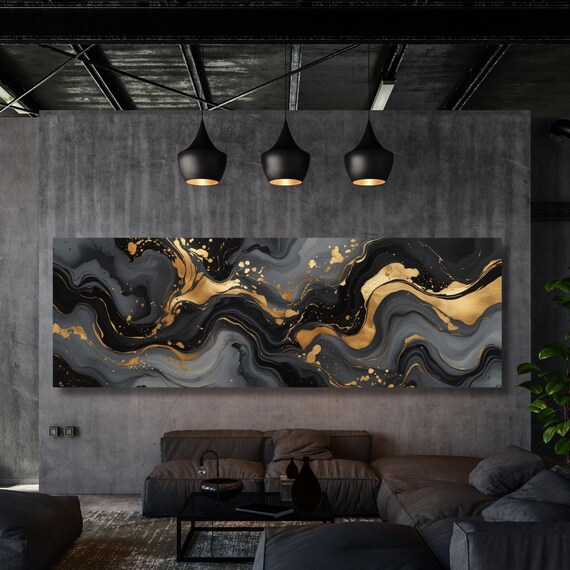 Panoramic Abstract Canvas Wall art, White Yellow blue Marble Canvas, Luxury Art, Abstract Decor, Abstract wall art Canvas, Contemporary Art