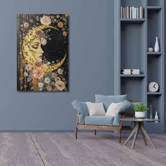 Floral Crescent Moon Dark Canvas Wall Art Cottagecore William Morris Print, Lunar Decor Gift art, Whimsigoth Decor, Botanical Print Canvas
