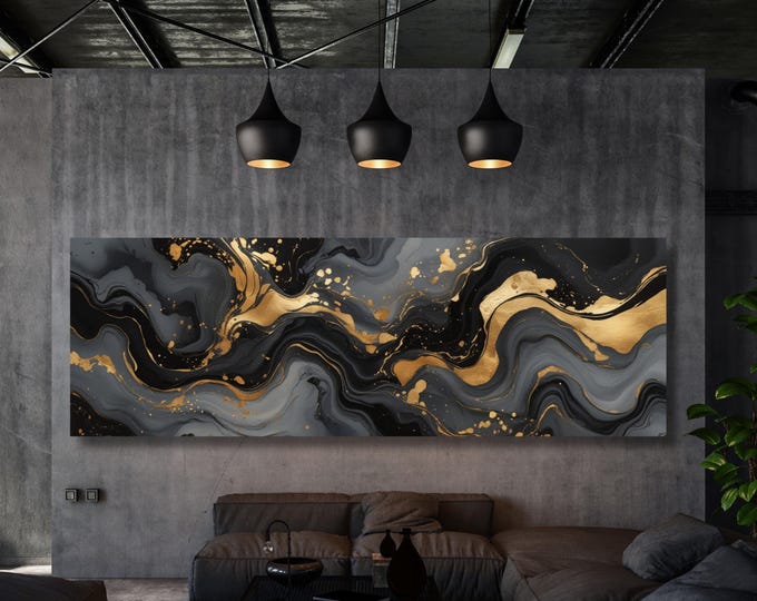 Panoramic Abstract Marble Canvas Art, White Yellow Blue Luxury Decor
