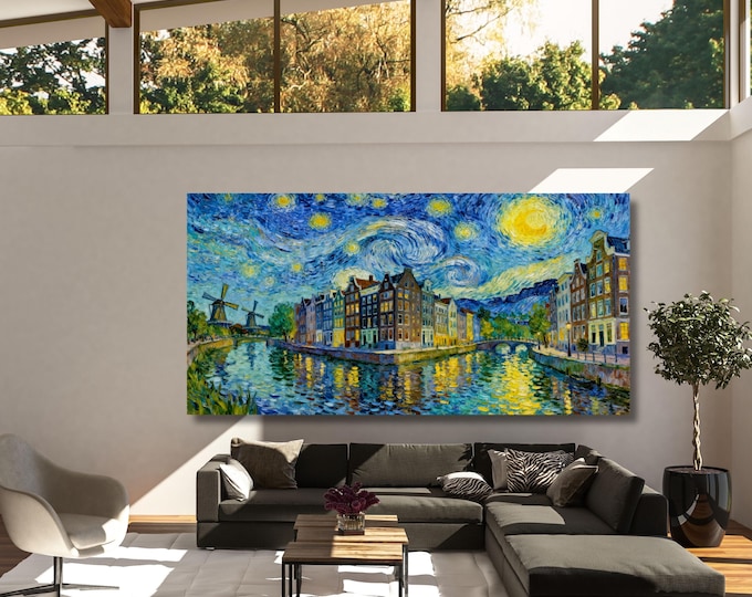 Canvas Wall Art: Amsterdam Night Scene - Van Gogh Starry Style