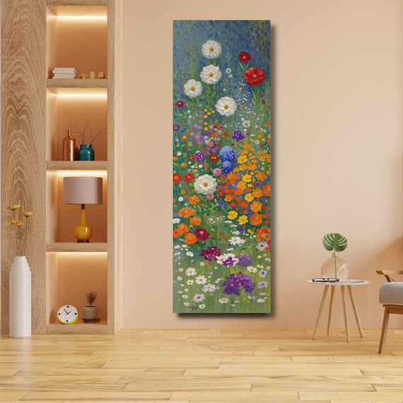 Klimt Style Wildflower Garden Tall Narrow Canvas, Botanical Nature Wall Art, Rustic Floral Vertical Print for Hallway or Bedroom art gift