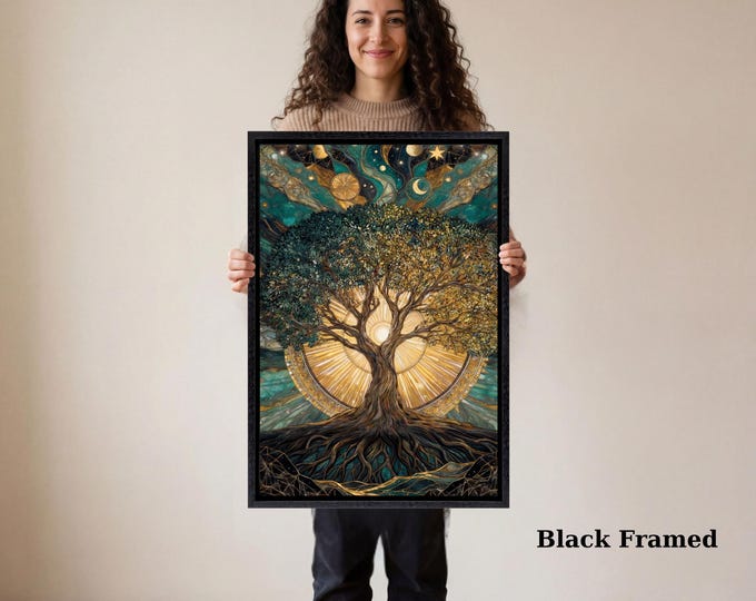 Tree of Life Canvas Art, Klimt Dali Inspired Sun Moon Print, Spiritual Surreal Wall Decor