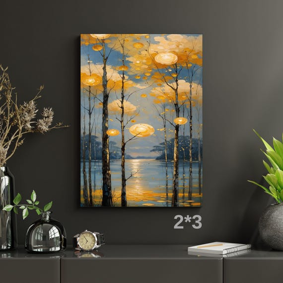 Klimt Styling Long Narrow Canvas Wall Art Vertical Nature Print Tall Modern sun Tree or Mountain Wall Decor for Hallway,Entryway Space Print