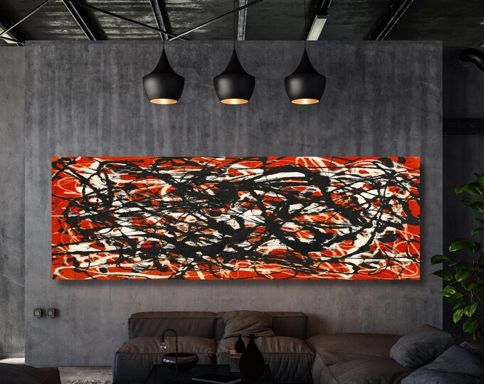 Panoramic Pollock Red Canvas Art: Large Wall Art, Vintage Style