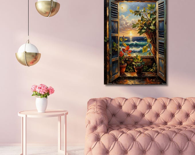 Open Window Seascape Canvas Art: Matisse, Klimt Style Painting, Ocean View Wall Decor