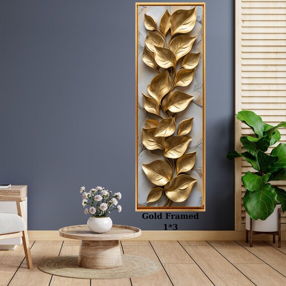 Gold Long Narrow Canvas Wall Art Vertical Nature Print Tall Modern sun Tree or Mountain Wall Decor for Hallway,Entryway Small Space Styling