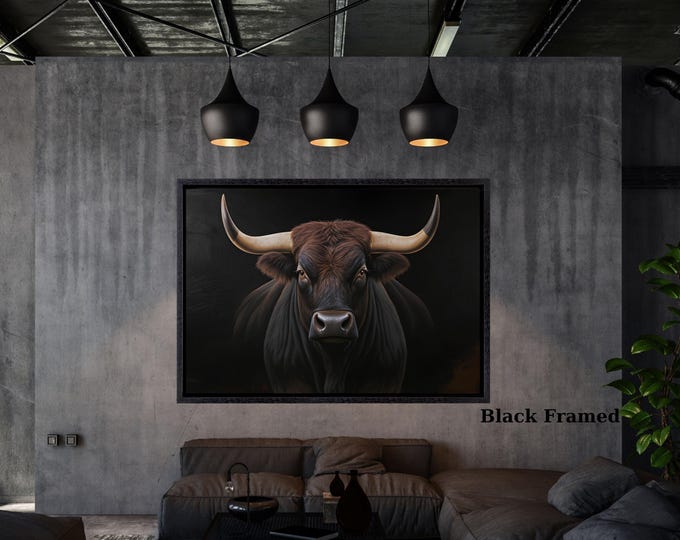 Majestic Bull Canvas Wall Art, Powerful Horned Bull Illustration, Dark Animal Art Print, Rustic Modern Decor, Ready to Hang Artwork canvas