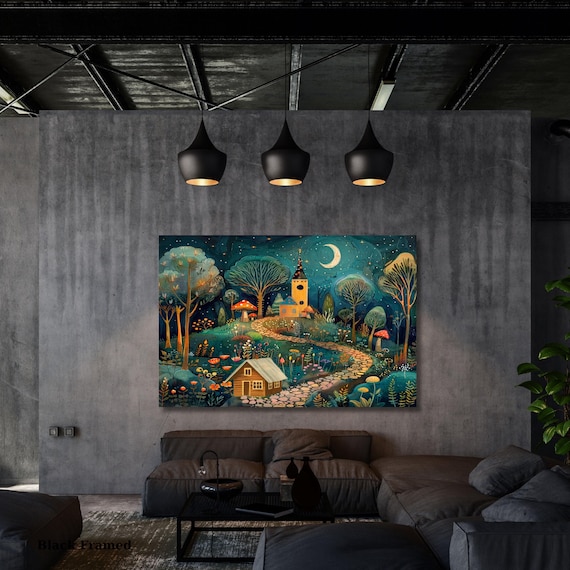 Klimt Style Whimsical Night Village Canvas Wall Art – Moonlit Forest Landscape Fantasy Decor