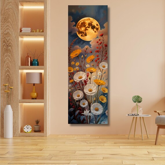 Klimt-Inspired Full Moon Wildflower Canvas Art: Rustic Mountain Print