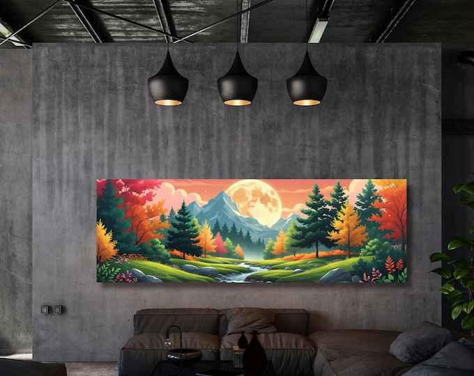 Full Moon Forest Canvas, Mountain Landscape Wall Art, Woodland Wildflower Print