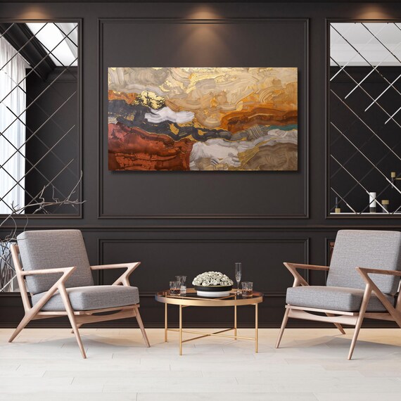 Gold and Copper Abstract Canvas Wall Art Extra Large Wall Art Oversized Horizontal Painting Print,Unique Luxury Wall Decor for Home Art gift
