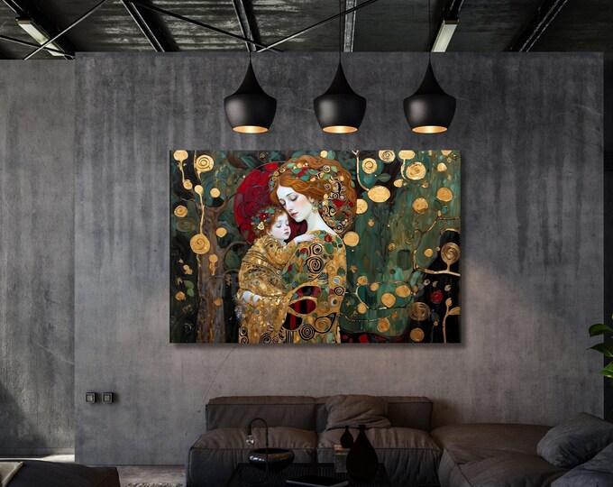 Gustav Klimt Canvas Print: Mother and Child, Flower Garden Art