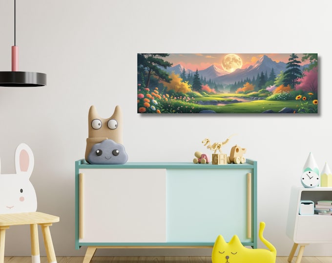 Full Moon Wildflower Meadow Canvas Art, Moonlit Forest Landscape, Rustic Mountain Wall Decor