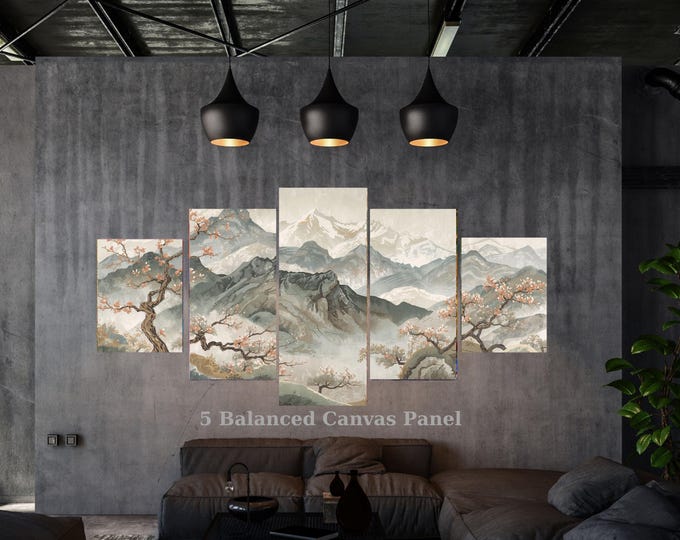 Japanese Cherry Blossom Mountain Canvas Set, Zen Mist Landscape Wall Art (Framed)