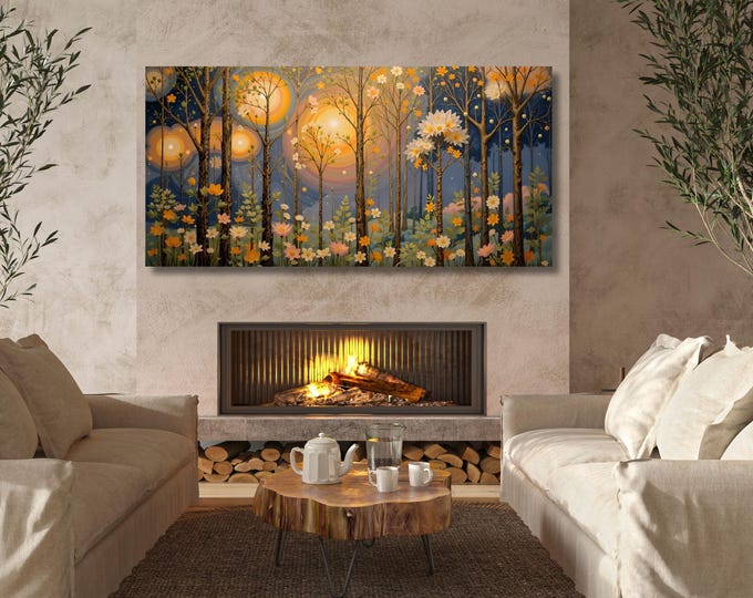 Moonlit Forest Canvas Art: Wildflower Painting, Vintage Style