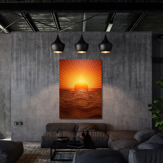 Boho Sunset Canvas Art: Retro Sun & Sea Print