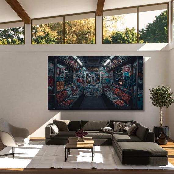 Graffiti Subway Train Canvas Print, Urban Street Art Wall Decor, Industrial NYC Pop Art, Modern Graffiti Wall Art, Framed Canvas Poster art