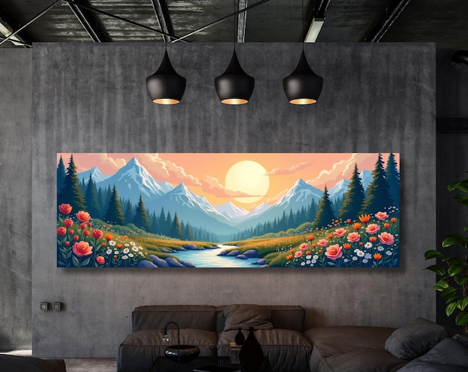 Full Moon Wildflower Canvas Art, Mountain Forest Landscape, Klimt Inspired Wall Decor