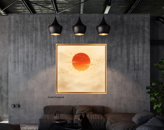 Sage Moon Japandi Canvas Art, Flock of Birds Framed Print, Oriental Wall Decor
