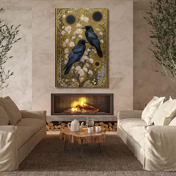 Raven Couple in Dark Forest Canvas Wall Art Print Vintage Dark Cottagecore Gothic Wall Art Decor Dark Academia Artwork Retro Art gift Canvas