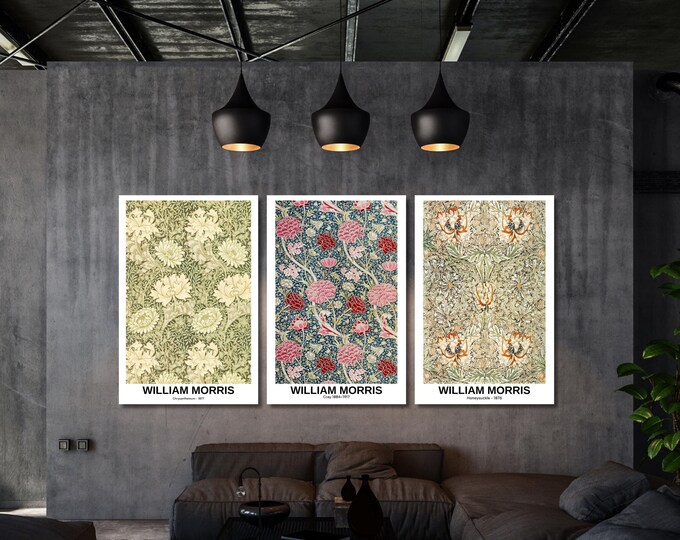 Set of 3 William Morris Canvas Prints, Botanical Triptych Wall Art, Vintage Floral Pattern Poster Set, Arts and Crafts Movement Decor