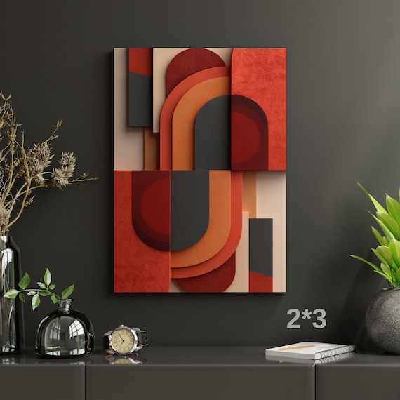 Terracotta Geometric Abstract Canvas, Textured Relief Style Wall Art, Gold Framed Modern Mid Century Poster, Warm Earth Tones Decor