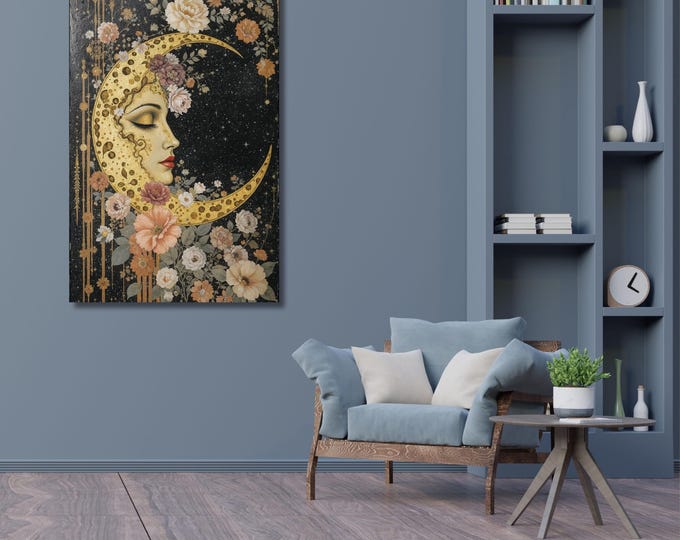 Floral Crescent Moon Canvas - Dark Lunar Botanical Wall Decor