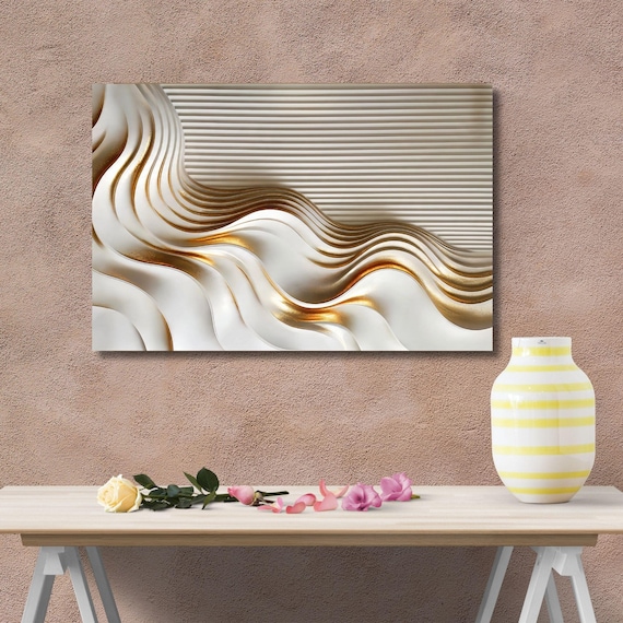 Modern Abstract Wave Canvas Art, Gold and White Fluid Wall Decor, Minimalist 3D Effect Luxury Mural, Sophisticated Living Room Print