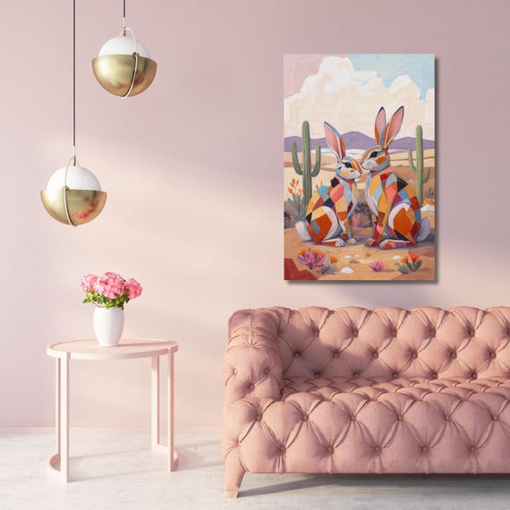 Talavera Jackrabbits Desert Canvas Print Farmhouse Wall Art Eclectic Boho Decor Retro Texas Nature Artwork Vintage Animal Wall Accent Art