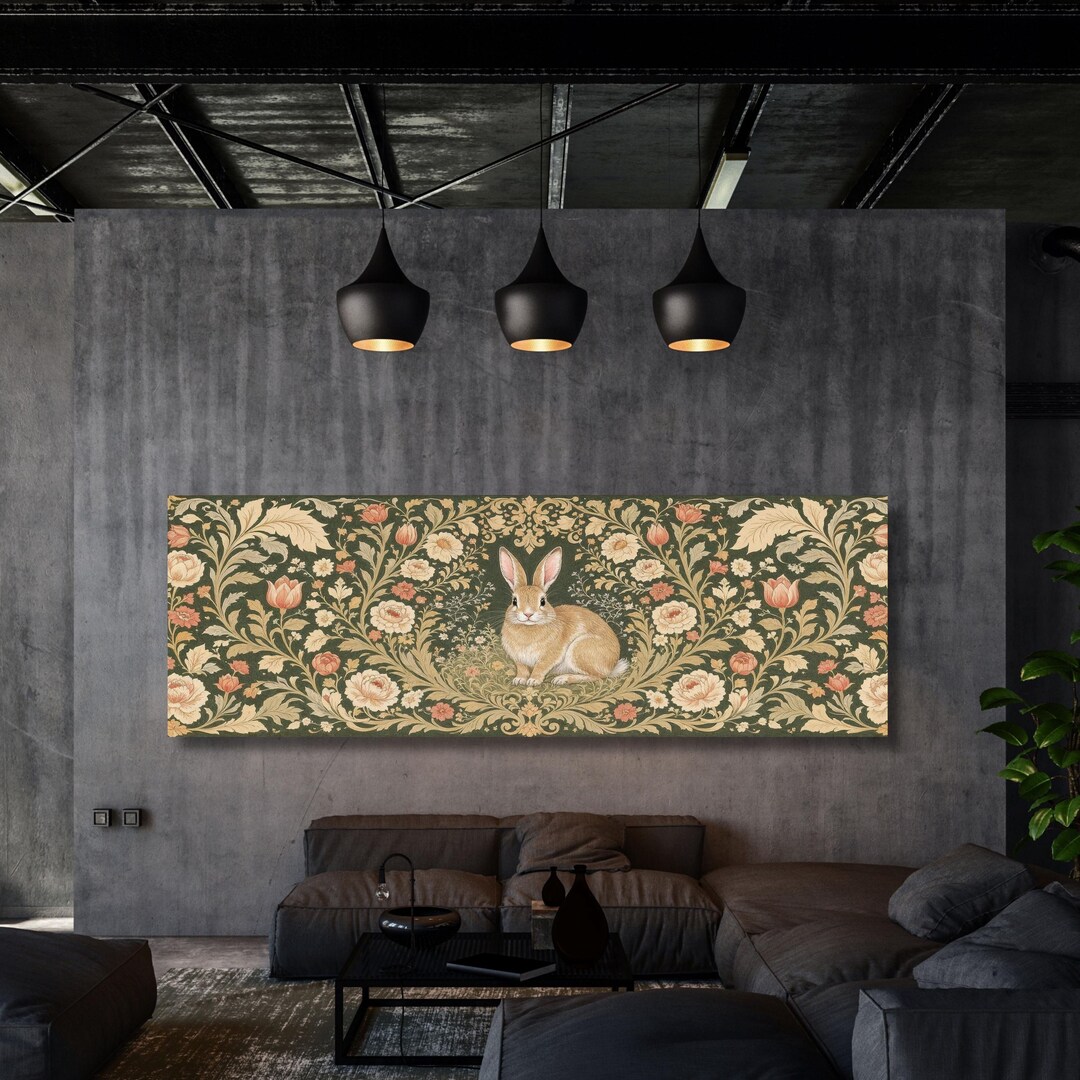 William Morris Style Rabbit in Wildflower Meadow Canvas Dark Floral ...