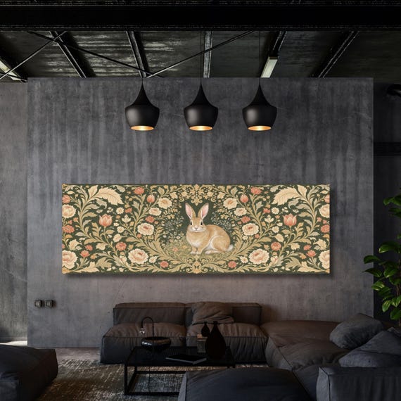 William Morris Style Rabbit in Wildflower Meadow Canvas Dark Floral Woodland Animal Art Rustic Botanical Print for Cottage Nursery Decor art