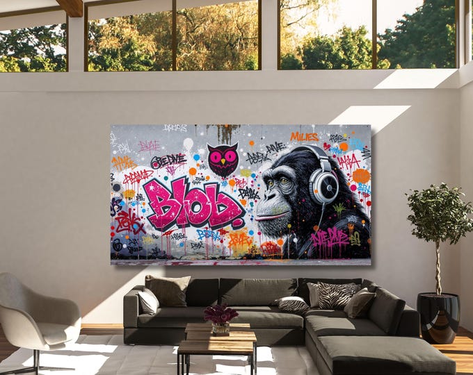 Banksy DJ Monkey Canvas Wall Art Banksy Thinking Monkey Music Thinker Graffiti Wall Art Extra Large Wall Art Gorilla Chimp Ready to Hang