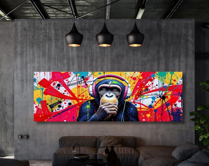 DJ Monkey Canvas Art | Graffiti Chimp Print, Music Lover Decor