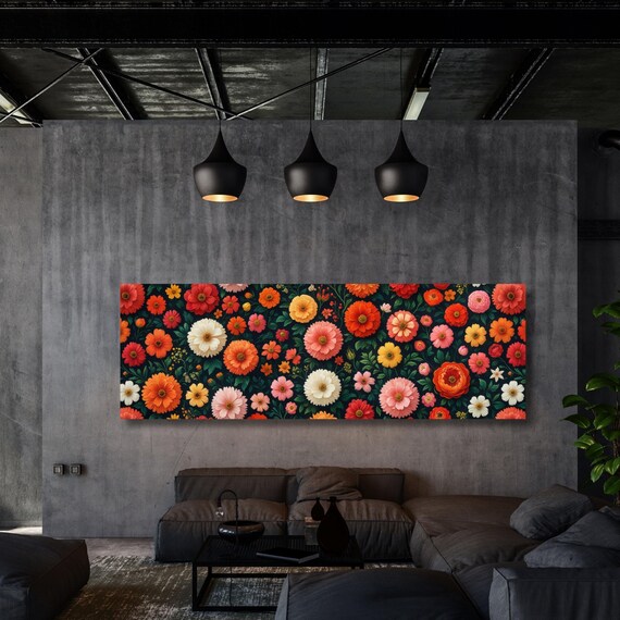 Botanical Garden Wildflowers Pattern Canvas Wall Art Botanical Ready to Hang Horizontal Decor Extra Large Wall Art Framed Art Home Poster