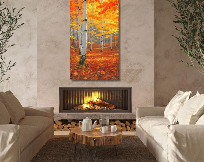 Autumn Birch Forest Canvas Wall Art, Vertical Nature Landscape Print