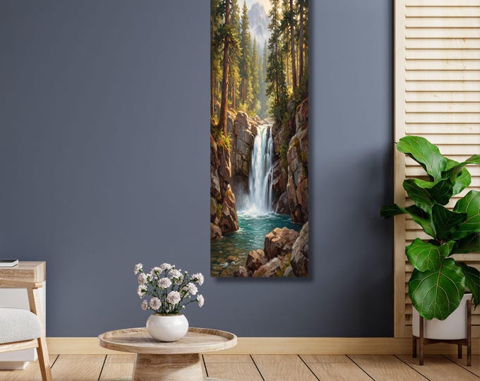 Klimt Style Long Canvas Wall Art, Vertical Waterfall Landscape Painting, Impressionist Forest and Mountain Decor, Tall Narrow Canvas Print