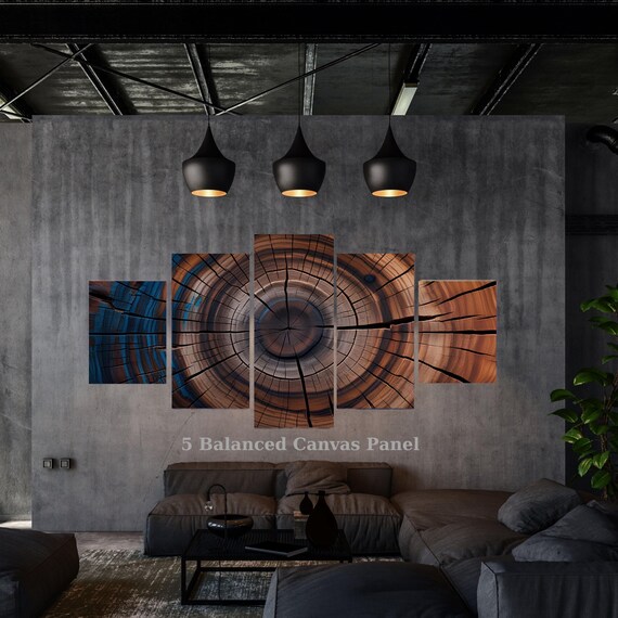 5 Piece Tree Rings Canvas Wall Art, Rustic Wood Slice Abstract Decor, Multi Panel Framed Ready to Hang Mural, Modern Nature Inspired Gift