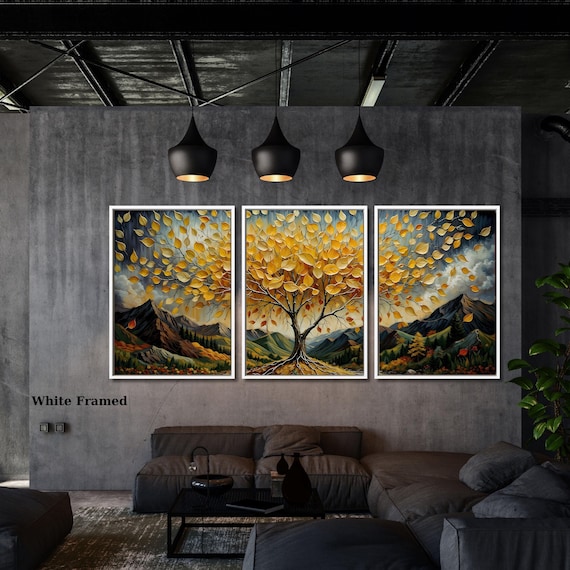 Set of 3 Tree Of Life Canvas Wall Art Klimt style Tree Of Life Boho Living room Wall Decor Maximalist, Nature Lover Stained Glass Effect