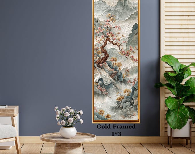 Japanese Cherry Blossom Mountain Canvas Art, Gold Framed Vertical Wall Decor