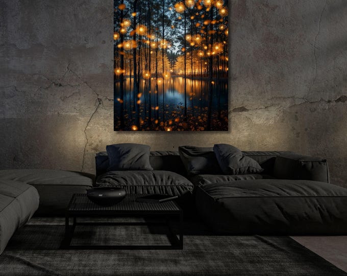 Klimt Inspired Magical Forest canvas Wall Art Botanical Firefly Lover Gift, Night Landscape Wall Art for Home and Office artful botanical