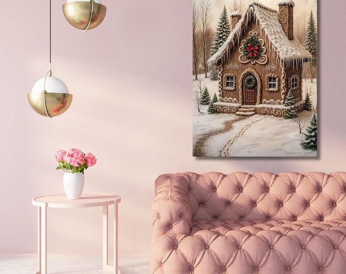 Gingerbread Farmhouse Christmas Canvas Art, Vintage Holiday Wall Decor