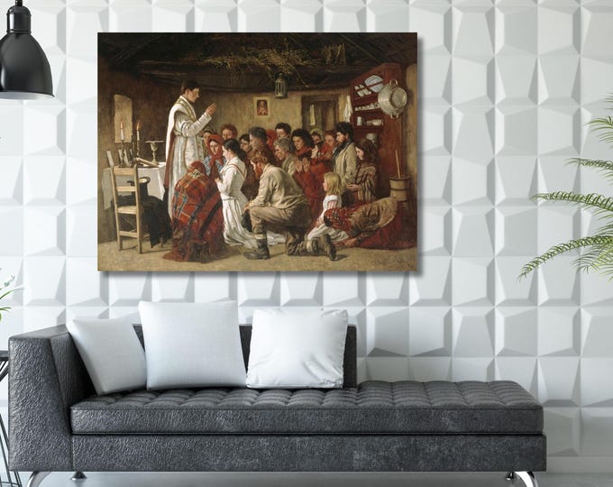 Mass in a Connemara Cabin Canvas, Aloysius O'Kelly Poster, Fine Catholic Art, Giclee Wall Art, Religious Decor, Catholic Gifts, Reproduction